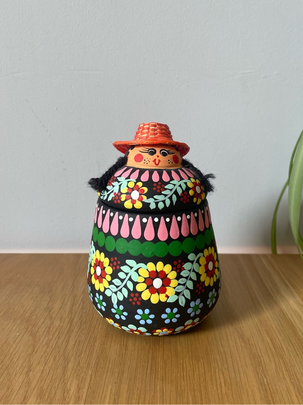 Vintage Hand-Painted Floral Girl Terracotta Trinket Jar Colombian Folk Art